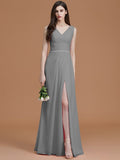 A-Line/Princess V-neck Sleeveless Floor-Length Ruched Chiffon Bridesmaid Dresses TPP0005284