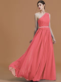 A-Line/Princess One-Shoulder Sleeveless Floor-Length Beading Chiffon Bridesmaid Dresses TPP0005259