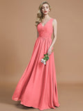 A-Line/Princess Sleeveless V-neck Floor-Length Chiffon Bridesmaid Dresses TPP0005347