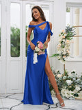 Sheath/Column Charmeuse Ruched Off-the-Shoulder Sleeveless Sweep/Brush Train Bridesmaid Dresses TPP0004898