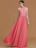 A-Line/Princess Halter Sleeveless Floor-Length Lace Chiffon Bridesmaid Dresses TPP0005137