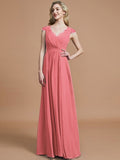 A-Line/Princess V-neck Sleeveless Ruched Floor-Length Chiffon Bridesmaid Dresses TPP0005567