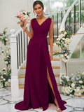 A-Line/Princess Chiffon Ruched V-neck Sleeveless Sweep/Brush Train Bridesmaid Dresses TPP0004916