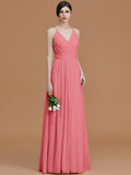 A-Line/Princess Spaghetti Straps Sleeveless Floor-Length Ruched Chiffon Bridesmaid Dresses TPP0005507