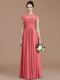 A-Line/Princess Jewel Short Sleeves Lace Floor-Length Chiffon Bridesmaid Dresses TPP0005179