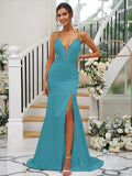 Sheath/Column Silk like Satin Ruched V-neck Sleeveless Sweep/Brush Train Bridesmaid Dresses TPP0004907