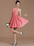 A-Line/Princess Halter Sleeveless Lace Short/Mini Chiffon Bridesmaid Dresses TPP0005132