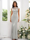 Trumpet/Mermaid Charmeuse Applique High Neck Sleeveless Floor-Length Bridesmaid Dresses TPP0004924