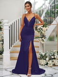 Sheath/Column Silk like Satin Ruched V-neck Sleeveless Sweep/Brush Train Bridesmaid Dresses TPP0004907