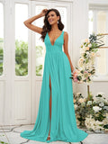 A-Line/Princess Jersey Ruffles V-neck Sleeveless Sweep/Brush Train Bridesmaid Dresses TPP0004896