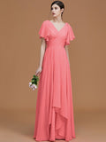 A-Line/Princess V-neck Short Sleeves Floor-Length Ruched Chiffon Bridesmaid Dresses TPP0005041