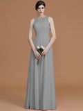 A-Line/Princess Jewel Sleeveless Floor-Length Ruched Chiffon Bridesmaid Dresses TPP0005645