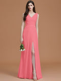 A-Line/Princess V-neck Sleeveless Floor-Length Ruched Chiffon Bridesmaid Dresses TPP0005284