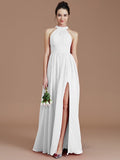 A-Line/Princess Halter Sleeveless Ruched Floor-Length Chiffon Bridesmaid Dresses TPP0005060