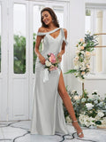 Sheath/Column Charmeuse Ruched Off-the-Shoulder Sleeveless Sweep/Brush Train Bridesmaid Dresses TPP0004898