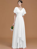 A-Line/Princess V-neck Short Sleeves Floor-Length Ruched Chiffon Bridesmaid Dresses TPP0005041