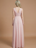 A-Line/Princess V-neck Sleeveless Ruched Floor-Length Chiffon Bridesmaid Dresses TPP0005343