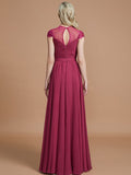 A-Line/Princess Scoop Short Sleeves Chiffon Floor-Length Bridesmaid Dresses TPP0005597