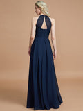 A-Line/Princess Halter Sleeveless Ruched Floor-Length Chiffon Bridesmaid Dresses TPP0005208