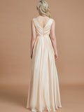 A-Line/Princess V-neck Sleeveless Ruched Floor-Length Silk like Satin Bridesmaid Dresses TPP0005430