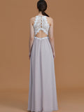 A-Line/Princess Halter Sleeveless Floor-Length Lace Chiffon Bridesmaid Dresses TPP0005137