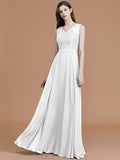 A-Line/Princess V-neck Sleeveless Floor-Length Lace Chiffon Bridesmaid Dresses TPP0005542