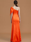 Trumpet/Mermaid One-Shoulder Sleeveless Floor-Length Ruched Satin Bridesmaid Dresses TPP0005353