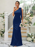 Sheath/Column Silk like Satin Bowknot One-Shoulder Sleeveless Floor-Length Bridesmaid Dresses TPP0004917