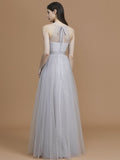 A-Line/Princess Halter Sleeveless Floor-Length Ruffles Tulle Bridesmaid Dresses TPP0005376