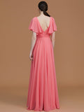 A-Line/Princess V-neck Short Sleeves Floor-Length Ruched Chiffon Bridesmaid Dresses TPP0005041