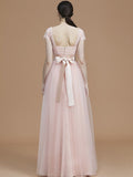 A-Line/Princess Bateau Short Sleeves Floor-Length Sash/Ribbon/Belt Tulle Bridesmaid Dresses TPP0005494