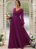 A-Line/Princess Chiffon Ruched V-neck Long Sleeves Floor-Length Bridesmaid Dresses TPP0004950