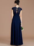 A-Line/Princess Jewel Short Sleeves Lace Floor-Length Chiffon Bridesmaid Dresses TPP0005179