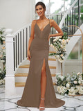 Sheath/Column Silk like Satin Ruched V-neck Sleeveless Sweep/Brush Train Bridesmaid Dresses TPP0004907