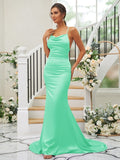 Sheath/Column Charmeuse Ruched Square Sleeveless Sweep/Brush Train Bridesmaid Dresses TPP0004912