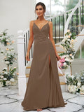 A-Line/Princess Silk like Satin Ruched V-neck Sleeveless Floor-Length Bridesmaid Dresses TPP0004934