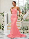 Sheath/Column Charmeuse Ruched Square Sleeveless Sweep/Brush Train Bridesmaid Dresses TPP0004912