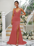 Sheath/Column Silk like Satin Ruched V-neck Sleeveless Sweep/Brush Train Bridesmaid Dresses TPP0004907