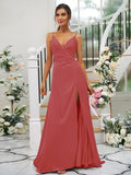 A-Line/Princess Silk like Satin Ruched V-neck Sleeveless Floor-Length Bridesmaid Dresses TPP0004934