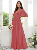 A-Line/Princess Silk like Satin Sash/Ribbon/Belt V-neck Short Sleeves Floor-Length Bridesmaid Dresses TPP0004897