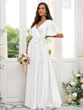 A-Line/Princess Silk like Satin Sash/Ribbon/Belt V-neck Short Sleeves Floor-Length Bridesmaid Dresses TPP0004897