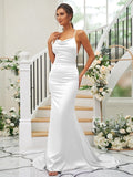 Sheath/Column Charmeuse Ruched Square Sleeveless Sweep/Brush Train Bridesmaid Dresses TPP0004912