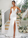 Sheath/Column Silk like Satin Ruched V-neck Sleeveless Sweep/Brush Train Bridesmaid Dresses TPP0004907