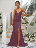 Sheath/Column Silk like Satin Ruched V-neck Sleeveless Sweep/Brush Train Bridesmaid Dresses TPP0004907