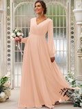 A-Line/Princess Chiffon Ruched V-neck Long Sleeves Floor-Length Bridesmaid Dresses TPP0004950