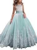 Ball Gown Jewel Sleeveless Lace Sweep/Brush Train Tulle Flower Girl Dresses TPP0007567