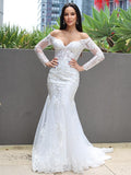 Trumpet/Mermaid Tulle Applique Off-the-Shoulder Long Sleeves Sweep/Brush Train Wedding Dresses TPP0006069