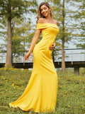 Sheath/Column Jersey Ruched Off-the-Shoulder Sleeveless Sweep/Brush Train Bridesmaid Dresses TPP0004987