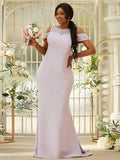 Sheath/Column Stretch Crepe Lace Scoop Sleeveless Sweep/Brush Train Bridesmaid Dresses TPP0004994