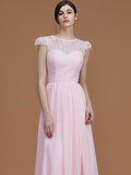 A-Line/Princess Jewel Short Sleeves Floor-Length Lace Chiffon Bridesmaid Dresses TPP0005810